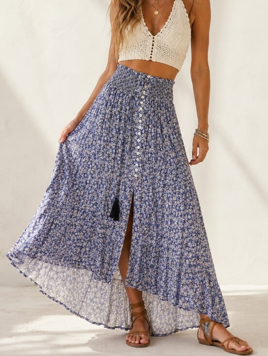 Rachel Zoe Dresses & Skirts - Rachel Zoe Blue White Floral Maxi Skirt Smocked Waist Hi Low Hem Size XS